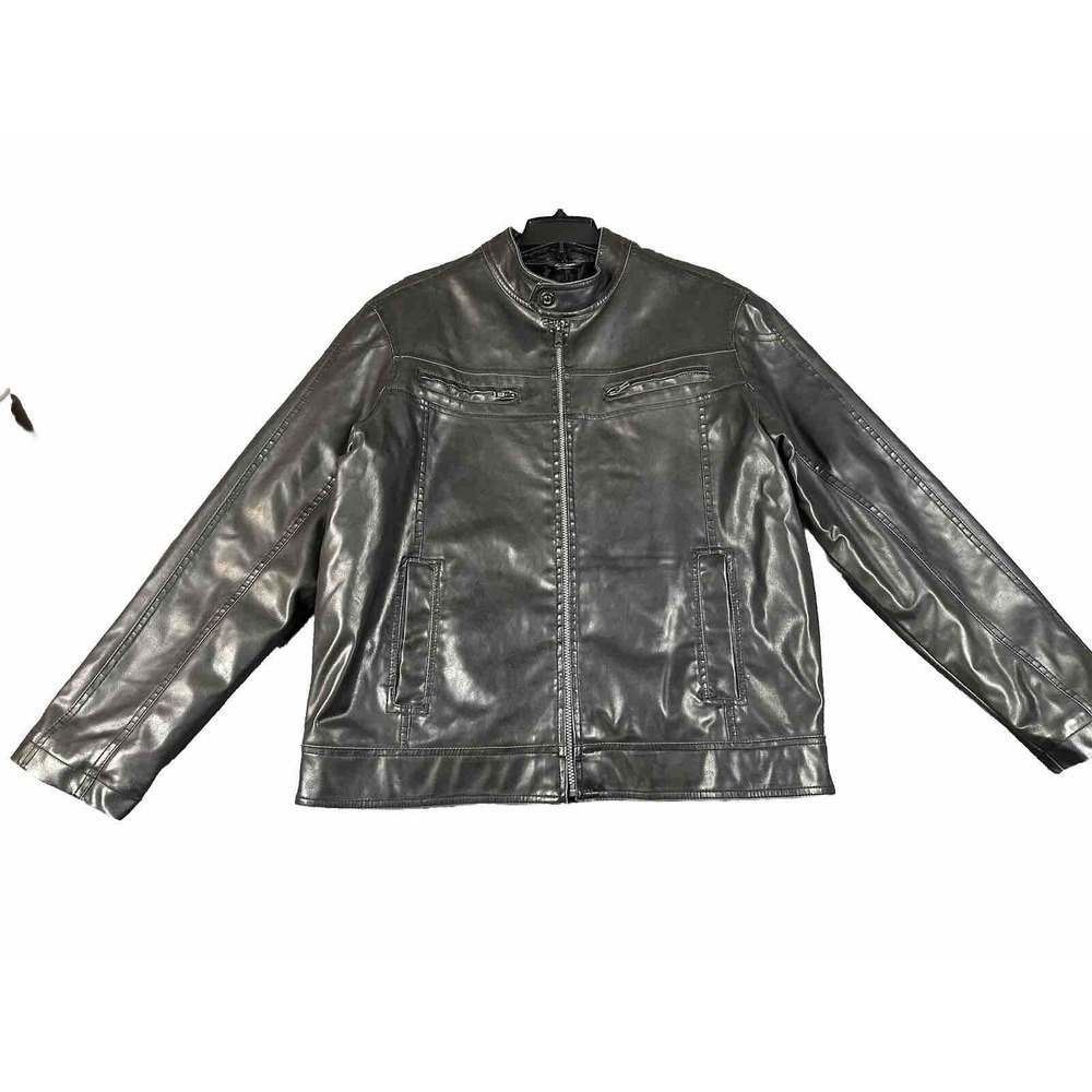 Vtg Columbia Faux Leather Jacket Men's Large Black Lined Full Zip Y2K Biker Poly